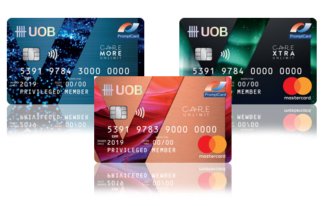 ยูยูโอบี พร้อมการ์ด มาสเตอร์การ์ด เดบิต วีแคร์ เอ็กซ์ตร้า อันลิมิต PromptCard - MasterCard เป็นบัตรของธนาคารยูโอบี (UOB) วงเงินคุ้มครองชีวิตจากอุบัติเหตุไม่เกิน 500,000 บาท (กรณีสูญเสียชีวิตขณะโดยสารยานพาหนะสาธารณะวงเงินคุ้มครอง 1,000,000 บาท) คุ้มครอง ค่ารักษาพยาบาลจากอุบัติเหตุสูงสุด 30,000 บาท ต่ออุบัติเหตุแต่ละครั้ง