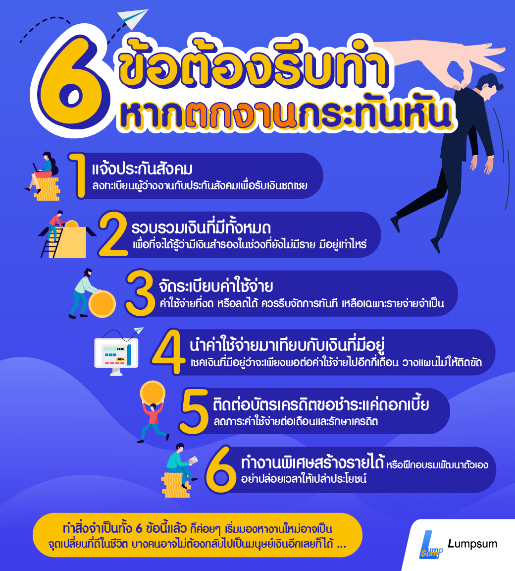 จากภาวะเศรษฐกิจที่ชะลอตัว และหลายธุรกิจถูก Disrupt ด้วยเทคโนโลยี ทำให้กระแสการลดพนักงานยังมีมาให้เห็นอย่างต่อเนื่อง ใครที่อยู่ในภาวะต้องตกงานกระทันหัน อย่าเพิ่งตกใจ ขอให้ตั้งสติ และรีบทำ 6 ข้อนี้